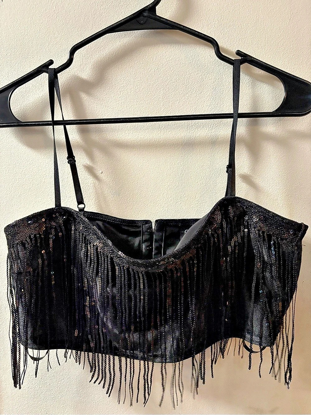 Windsor Spotlight Beauty Sequin Fringe Crop Top Black Large